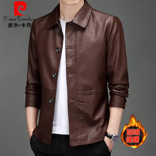 Pierre Cardin Men's Imitation Leather Jacket 2025 Autumn New Winter Dad's Wear Thickened Warm Jacket Young and Middle-aged Lapel Soft Leather Jacket Brown-8022 L Recommended 105-120 Jin Jin equals 0.5 kg
