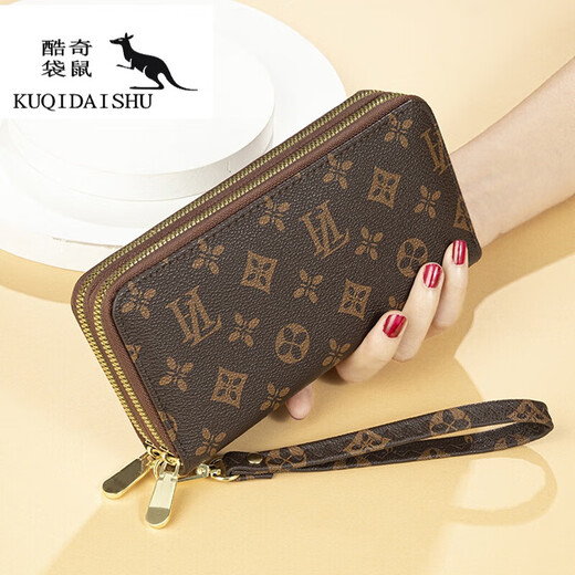 Kuqi Kangaroo (KUQIDAISHU) Women's Wallet New 2022 Brown Double Layer Large Capacity Mobile Phone Coin Long Clutch Mother Style LH