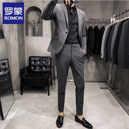 Luo Meng Summer Thin Handsome Striped Small Suit Men's Suit Korean Slim Casual Suit Jacket Groom Wedding Dress Striped Dark Gray One Piece Suit S