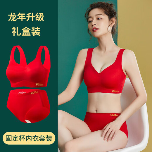 Modal New Year Red Underwear Women's Gift Box Gathered Year of the Horse Bra Wedding Bra Panties Set Qi Ji Hong L