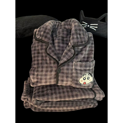 Jingga Winter Coral Velvet Pajamas Crayon Shin-chan Cartoon Couple Model One Male and One Female Thick Warm Flannel Home Clothes Plaid Crayon Female Light Green Male Black Gray - Single Set L Female Recommendation 100-120 Jin Jin is equal to 0.5 kg