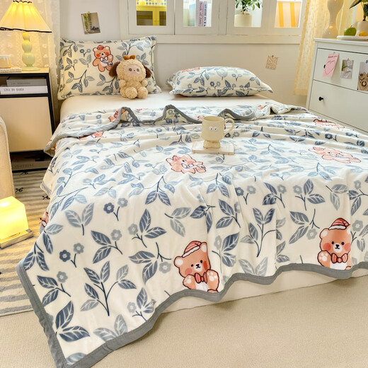 Red Bean Blanket Thick Autumn and Winter Single Bed Office Sofa Plush Single Blanket Milk Velvet Nap Blanket Plus Velvet Blanket Pad Blue Leaf Bear Double-sided Velvet/Treadable and Coverable 70*100cm Single Baby Blanket