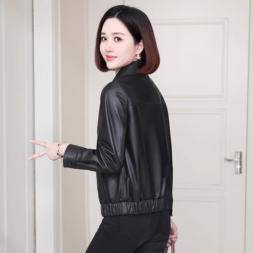 Yunqi Qianqiu Haining Genuine Leather Jacket Women's Short Spring and Autumn New Style Small Loose Slim Versatile Motorcycle Leather Jacket Black M 80-100Jin Jin is equal to 0.5 kg