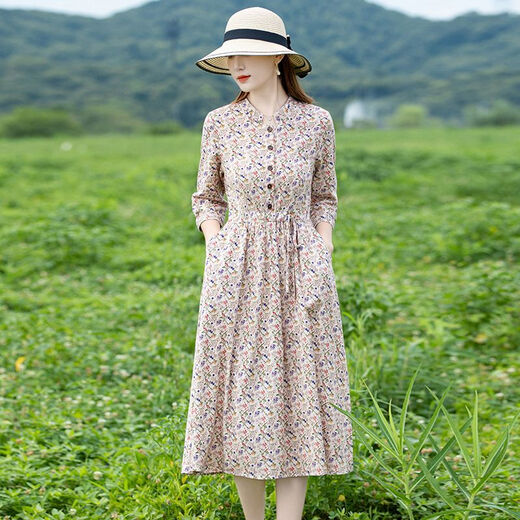 Jymmu Guangzhou Dreizehn lange Frauenkleid High-End-Sommer-Baumwolle und Linien Neue Stiltemperatur siebenmini-Sleeve Blumenrock für Frauen Big Beige L 115-125jin [Jin entspricht 0,5 kg]