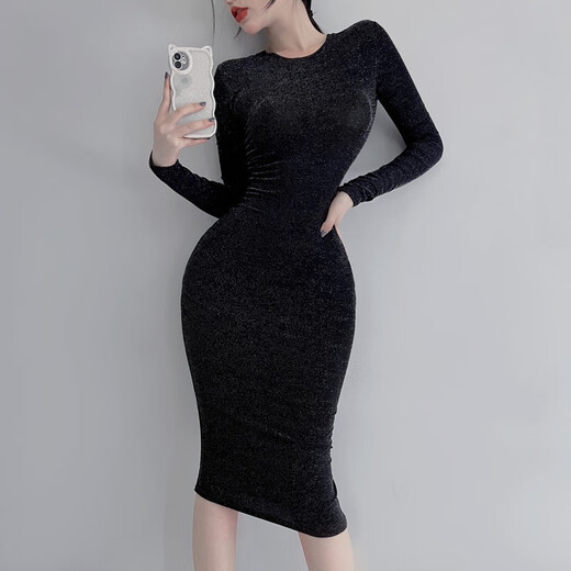 
YESEXING nightclub bent over transparent skirt women's skirt French shiny silk slim dress hip-wrapped short sleeve XL