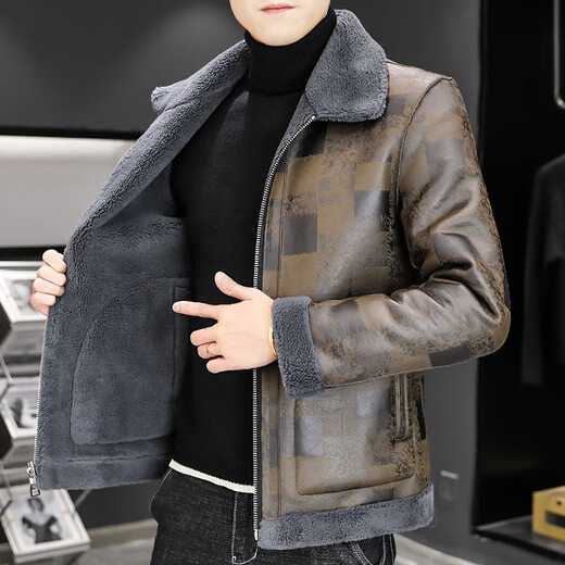 Goldlion leather jacket men's winter velvet thickened Korean style trendy lamb wool double-sided cotton coat and fur integrated winter jacket trendy gray M