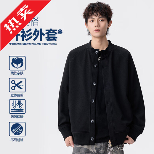 GOLDLION G+ Retro Waffle Cardigan Jacket Men's 2025 Autumn New Japanese Henley Collar Loose Sweatshirt Clip Fashion Black M