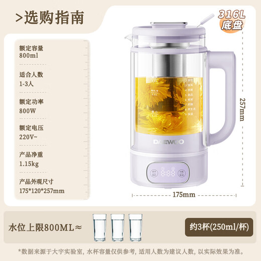 DAEWOO Luoshen health pot double-layer anti-scalding mini constant temperature health pot 316 stainless steel chassis YS10F purple with tea drain