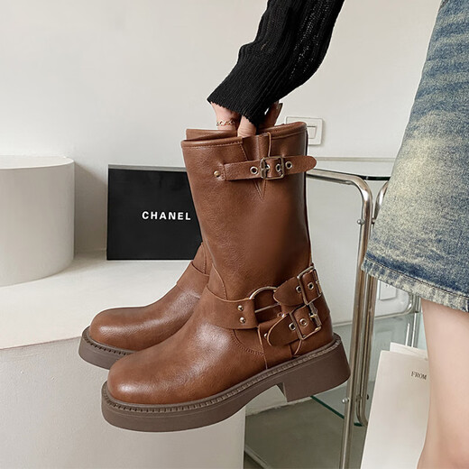 
Fan Xiaoru Western denim short boots for women thick-soled Martin boots 2025 new retro British style single boots versatile travel knight boots brown 36