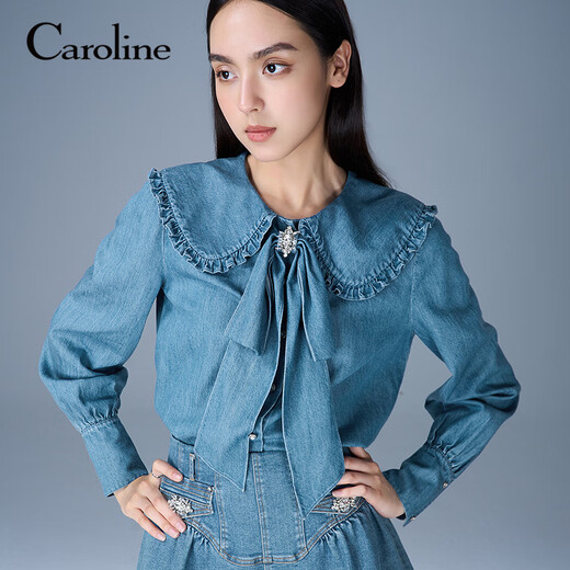 CAROLINE Tencel Cotton Denim Caroline 2025 Autumn New Doll Collar Shirt ERC4C02C Blue L