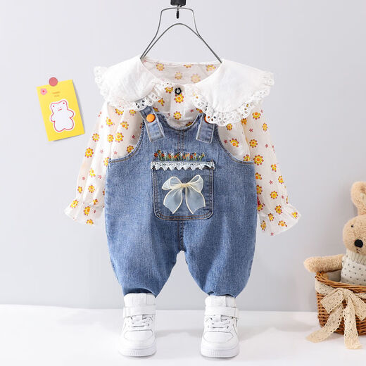 可歆宝贝童装女童两件套洋气儿童衣服婴儿2024春秋装小童宝宝背带裤套装潮 粉色（小碎花背带裤套装） 90 码建议1-2岁（身高85左右）