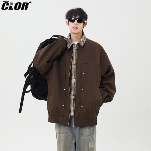 CLOR fake two-piece jacket men's autumn and winter style handsome casual all-match plaid lapel boys jacket JK11 brown XL