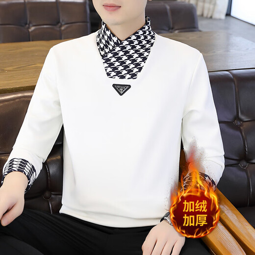 Fellows velvet thickened sweatshirt men's autumn and winter Henry collar color matching fake two-piece trendy warm long-sleeved winter bottoming shirt K930 white XL (135-150Jin Jin is equal to 0.5kg)
