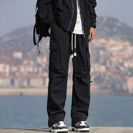 POUM American workwear pants for men in spring, autumn and summer new fashion high street straight sports functional style casual long pants JCDM-K1306 black XL (recommended 130-145Jin Jin equals 0.5kg)