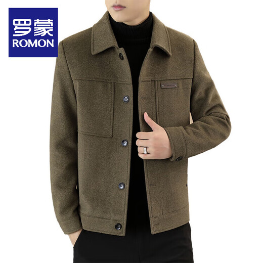 ROMON wool jacket men's short velvet thickened jacket autumn and winter men's new casual slim lapel woolen top Khaki XL 180/100A 130-150Jin Jin equals 0.5 kg