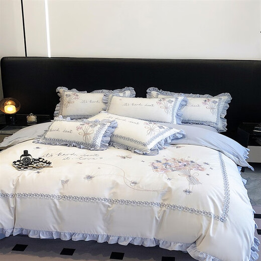 Mercury Series Small Fresh Cotton Washed Cotton Four-piece Set Girly Heart Flower Embroidery Lotus Leaf Lace Quilt Cover Pure Cotton Bedding Hot Sale-Xinjiang Cotton-Dielianhua-Mist Blue 1.8m Sheet Style Four-piece Set Quilt Cover 200*230