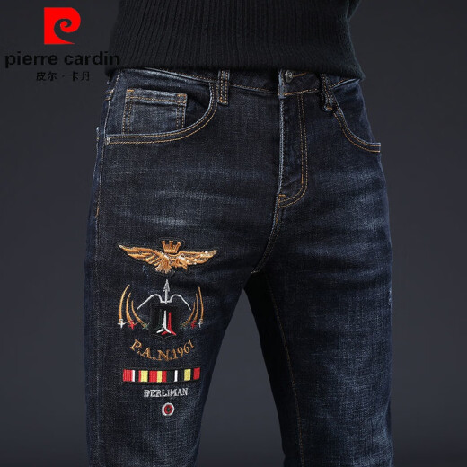 皮尔卡丹（pierre cardin）香港男士针织牛仔裤春秋冬新款时尚刺绣花弹力修身休闲百搭小脚裤 浅灰色6628 30 (2尺3)