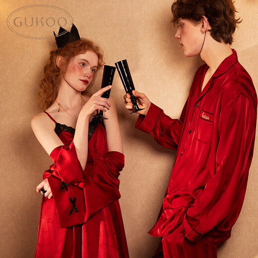Gukoo Pajamas Couple Spring and Autumn Red Wedding Nightgown New Pajamas Men's Newlywed Home Wear Pajamas A Red Men's Set (No Gift Box) M
