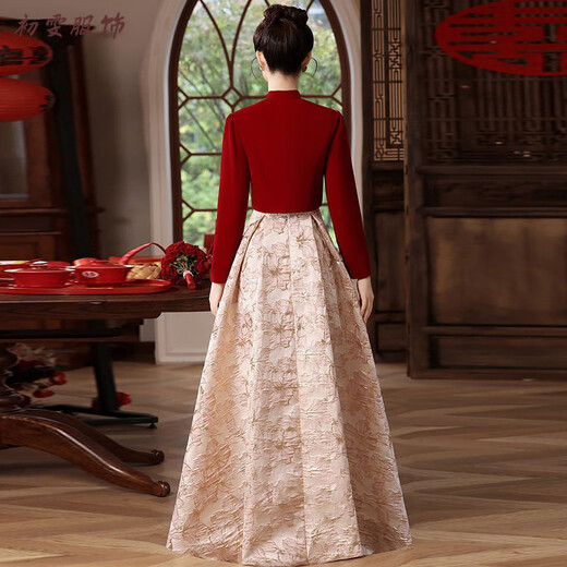 Meianjia new Chinese toasting dress bride's new red wedding engagement dress skirt women's winter long-sleeved winter wine red S