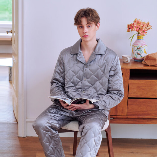 American Standard autumn and winter new three-layer thickened quilted couple's silk pajamas set casual silk women's mulberry silk home clothes for men withered rose (silk quilted) M