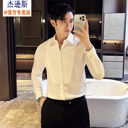 杰逊斯拼接设计感衬衫男长袖商务休闲正装高级感修身帅气男士礼服白衬衣 白色 M (100-120斤)