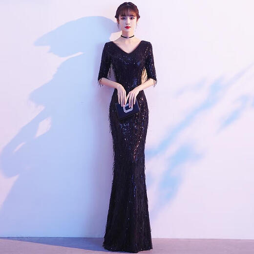 Wenmi evening dress for women 2024 new high-end temperament black sequin hosting performance dress light luxury annual party dress fishtail skirt black M