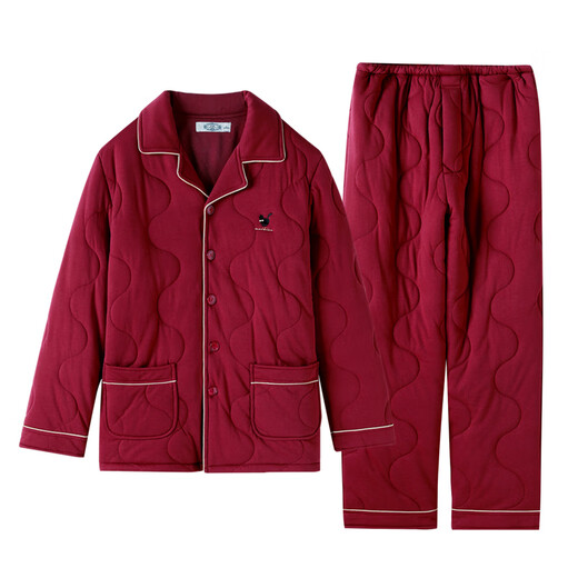 American Standard Gift Couple Three-Layer Thickened Padded Pajamas Set Women's Autumn and Winter Zodiac Year Red Cotton Home Clothing Men's Bright Maroon-Women's XL