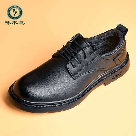 Woodpecker winter men's shoes plus velvet to keep warm casual business formal leather shoes round toe soft sole work suit shoes men's leather cotton shoes black 5-5152 plus velvet to keep warm winter cotton leather shoes 41