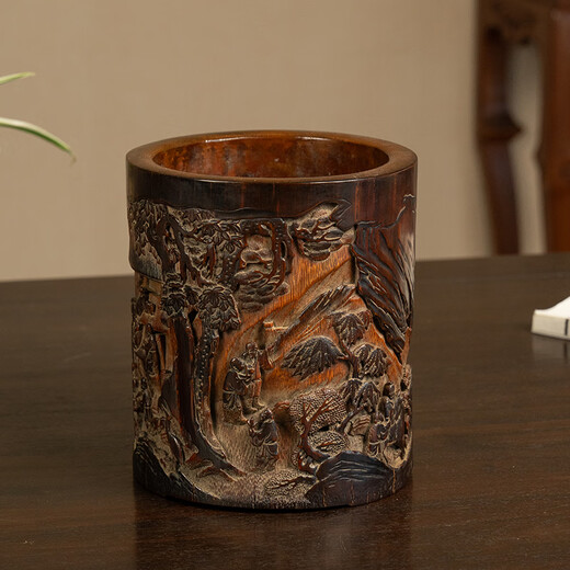 YARAN CULTURE清代竹雕文人雅集笔筒老物件古玩收藏真品竹制艺术品中式装饰摆件 14.3×14.7×16.6 1098-68