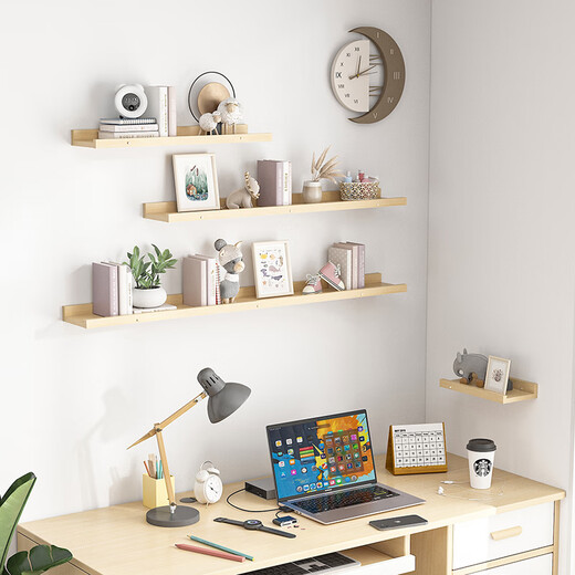 Ruoshi wall storage rack solid wood one-word partition without punching storage bookshelf laminate wall decoration wall-mounted display rack solid wood-log color-90*15