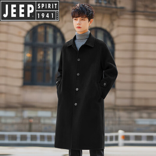 JEEP SPIRIT中长款毛呢大衣男双面羊毛感赫本风衣冬季加厚纯色羊毛呢子外套男 黑色 2XL 一般170-190斤以下