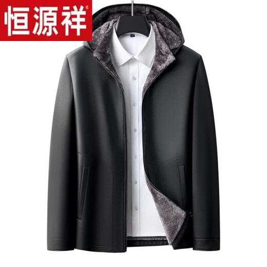 Hengyuanxiang men's mid-length mink coat imported mink liner hooded sheepskin leather coat windproof fur coat black 4XL