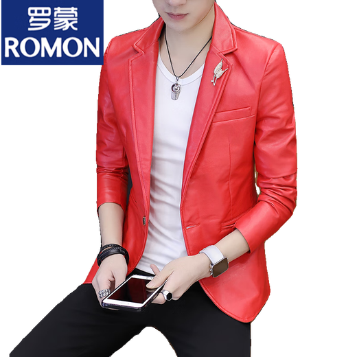 
ROMON PU leather suit men's spring and autumn new casual long-sleeved suit jacket slim Korean style leather handsome youth jacket 1712 white M