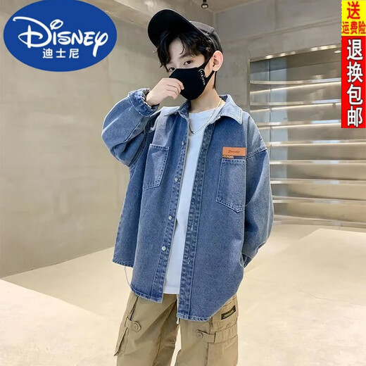 Disney Boys Denim Shirt 24 Spring and Autumn New Fashionable Medium Large Children's Top Casual Jacket Handsome Trendy Long Sleeve Blue 130