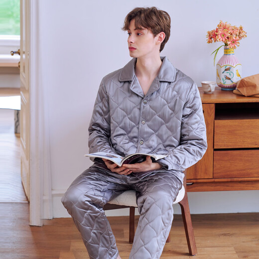 American Standard autumn and winter new three-layer thickened quilted couple's silk pajamas set casual silk women's mulberry silk home clothes for men withered rose (silk quilted) M