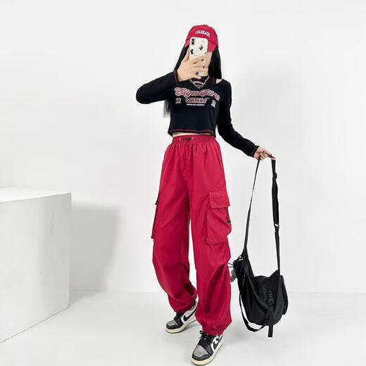 CIQHUNK Subject Three Dance Clothes Black Jazz Dance Set Sports Trousers Women's Street Hip Hop Hiphop Casual Pants Jump 1049 Rose Red Cotton Pants S