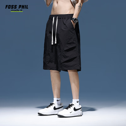 Foss Phil shorts men's summer workwear trendy casual ice silk mid-trousers loose sports five-point pants 9906 black L