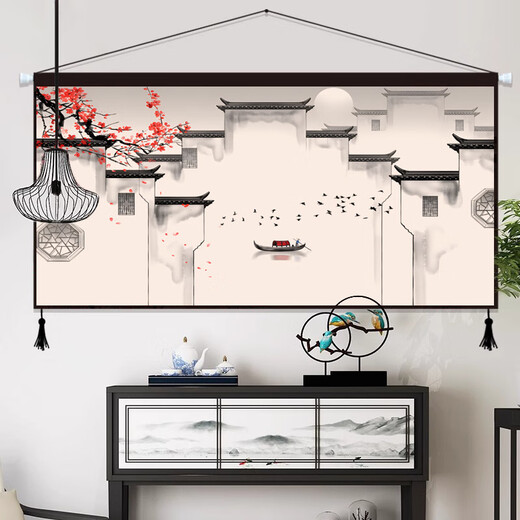 New Chinese style Zen ink landscape fabric hanging painting living room sofa background hanging cloth bedroom decoration painting restaurant tapestry 01_Zen ink painting 80cm*40cm cotton and linen 2 tassels+
