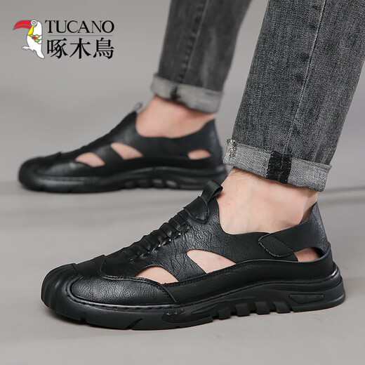 
Woodpecker genuine leather cowhide heightened hole shoes for men summer new 2024 sandals men breathable hollow men casual interior 6629 black 39