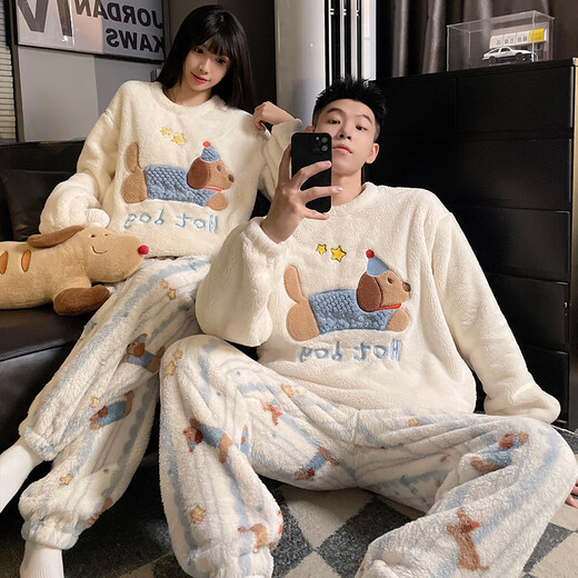 Mengdong dachshund couple pajamas for men and women in autumn and winter thickened warm flannel coral velvet large size loose student home clothes H9991 dachshund 3XL male (170-200Jin Jin equals 0.5 kg