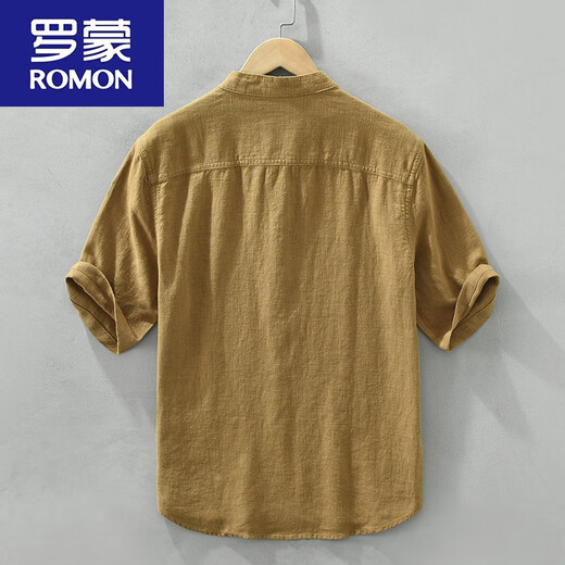 罗蒙（ROMON）中国风苎麻短袖男立领T恤棉麻复古休闲透气薄款亚麻半开衫短t 黑色 棉麻宽松水洗 L 120-145斤