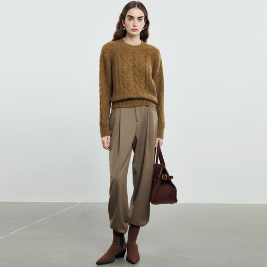 PALUOPO pure cashmere women's autumn and winter new round neck pullover sweater casual cable knit sweater ET2F8072R red brown color S 155/95