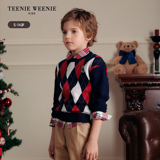 Teenie Weenie Kids小熊童装25新年款男童休闲菱形格圆领套头毛衣 藏青色 140 cm
