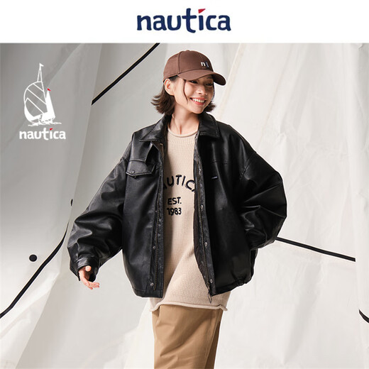 Nautica white sail star same style white sail CityBoy unisex Japanese loose O-type retro imitation leather jacket JW5402 black 0TB S