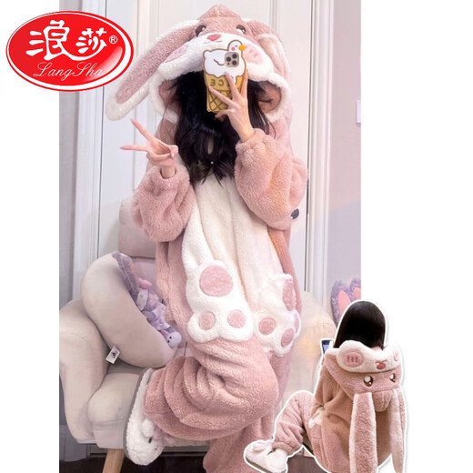 LangSha winter one-piece pajamas for women, cute cartoon rabbit hooded coral velvet and thickened warm flannel home clothes, clown fish one-piece pajamas, L size 100Jin Jin is equal to 0.5kg -120Jin Jin is equal to 0.5kg