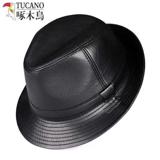 Woodpecker brand new jazz hat autumn and winter genuine leather hat sheepskin gentleman middle-aged men and women style thin single hat black sheepskin 56cm