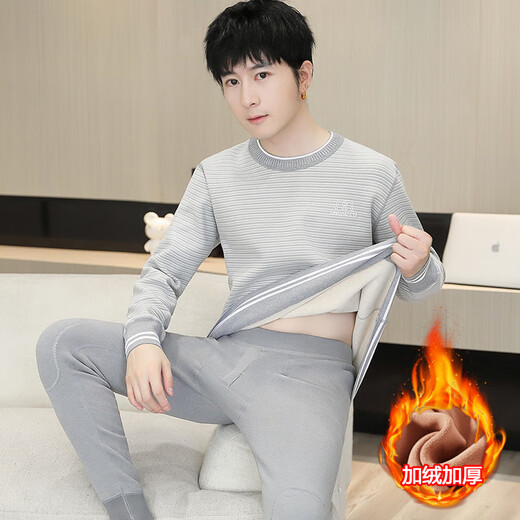 ZENGZHI NIUZAI德绒发热条纹保暖内衣男生套装冬季加绒加厚打底衫青少年秋衣秋裤 689卡其【加绒加厚】 2XL 约115-135斤可穿