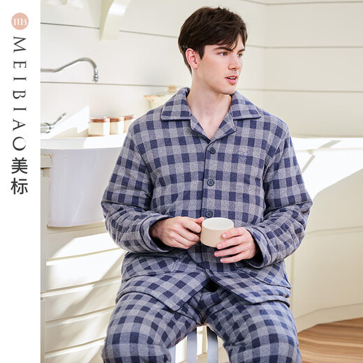 American Standard Couples Three-Layer Thickened Warm Padded Pajamas Set Women's Autumn and Winter Plaid Soft Cotton Can Be Weared Outside Home Clothes Men's Twilight Blue L
