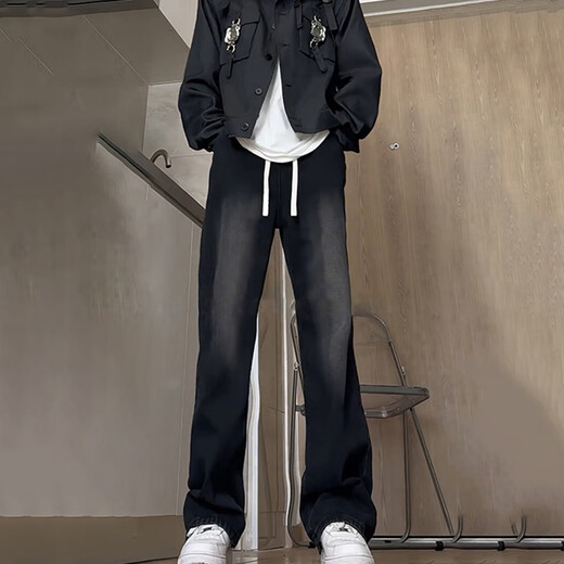 7 high-quality American retro jeans men's summer trend black and gray gradient high street washed thin versatile straight pants YCFS-N9901 black L