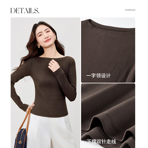 Shandubila one-line collar cotton bottoming shirt for women in autumn, slim-fitting elastic long-sleeved sweater with temperament pit strips and casual top